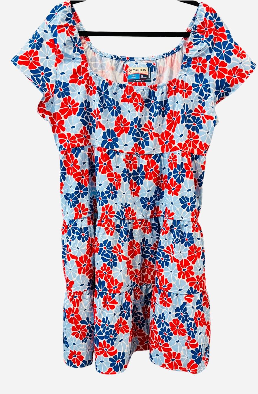 MAGELLAN OUTDOORS CLASSIC FIT MIDI DRESS, WOMENS, XL, RED WHITE BLUE FLORAL